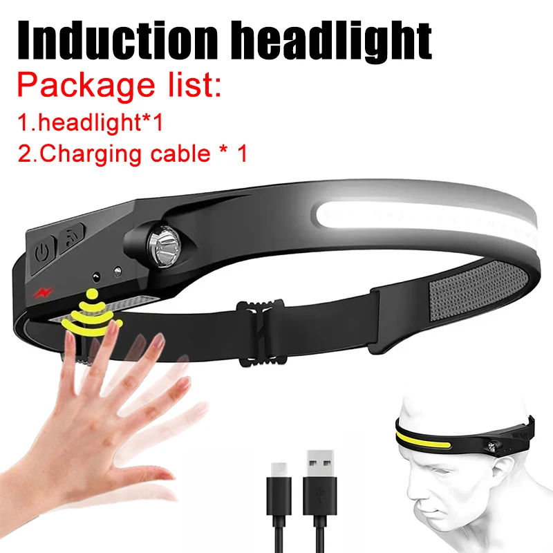 Linterna frontal con sensor LED COB, batería interna, 5 modos, recargable por USB, ideal para camping y trabajo nocturno. Aeuzwr