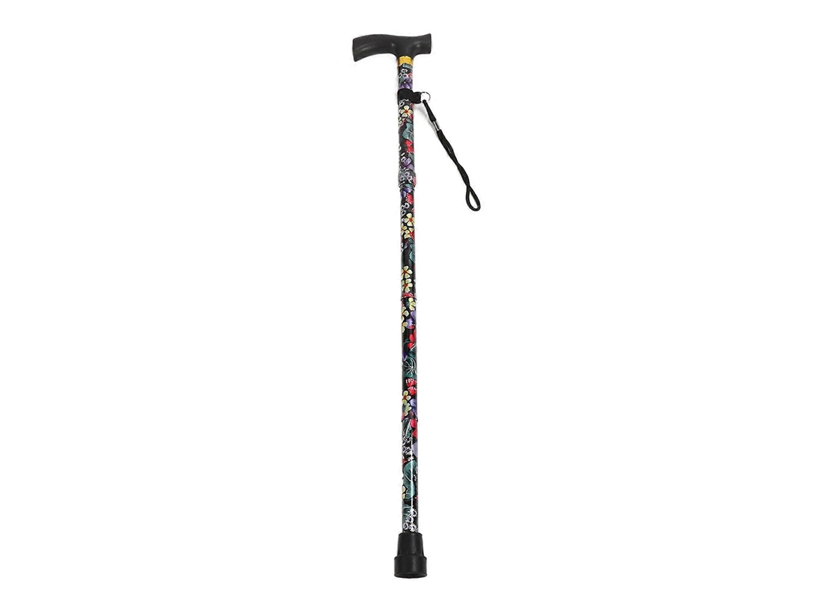 Bastón plegable con estampado floral y empuñadura en T, ideal para personas mayores que necesitan movilidad en exteriores.