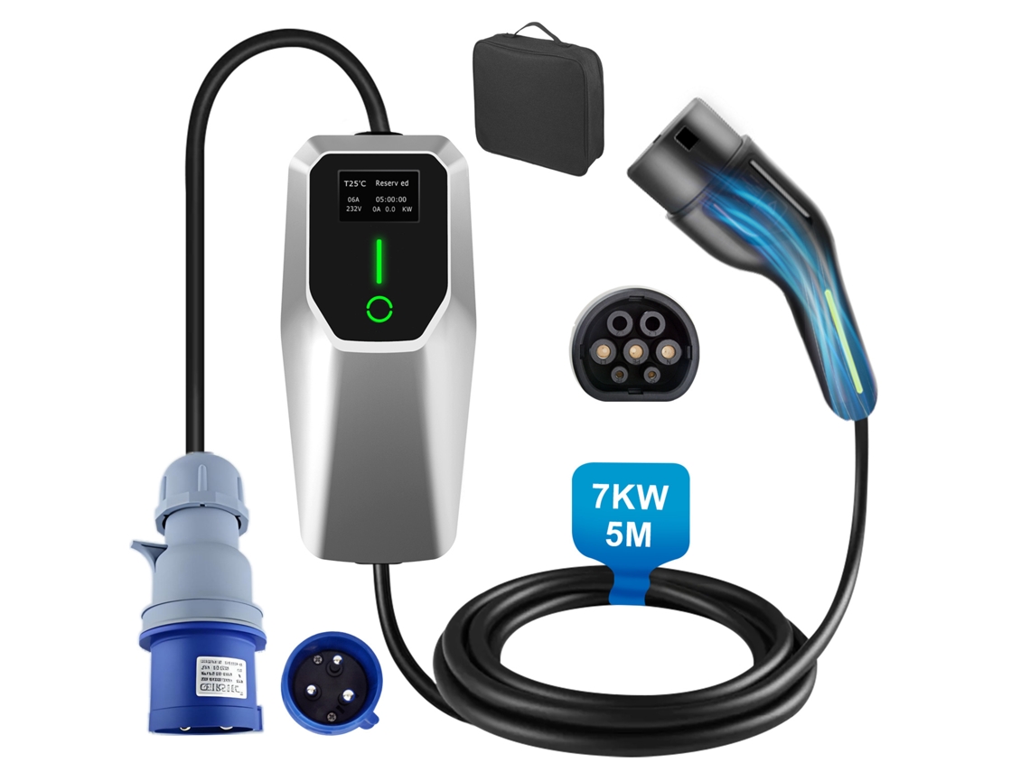 Junsun, Cargador Portátil Para Vehículos Eléctricos De 5 M, Tipo 2, 32 A, 7 Kw
