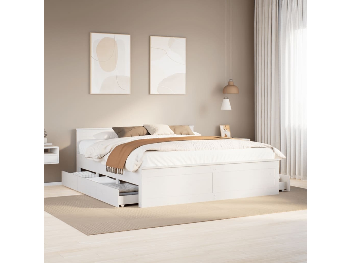 Cama Sin Colchón Con Cabecero Madera De Pino Blanco 180x200 Cm