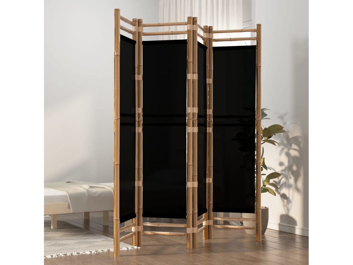 Biombo Plegable De 4 Paneles Bambú Y Lona 160 Cm