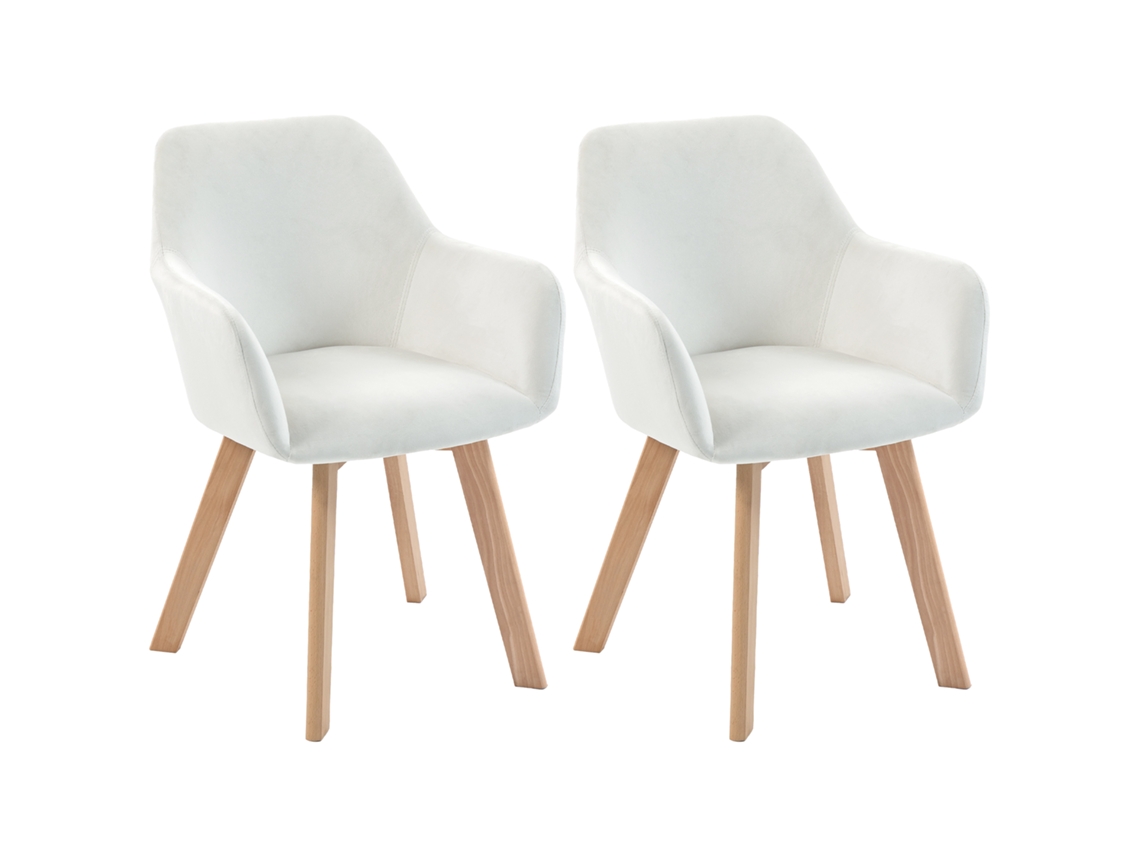 Juego de 2 sillas de comedor modernas tapizadas en terciopelo con patas de madera, 54x57x80 cm, color crema.
