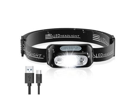 Linterna frontal LED: 250 lúmenes, sensor de movimiento, resistente al agua IPX6, 5 modos de iluminación, ángulo ajustable y correa (negro) CHRONUS