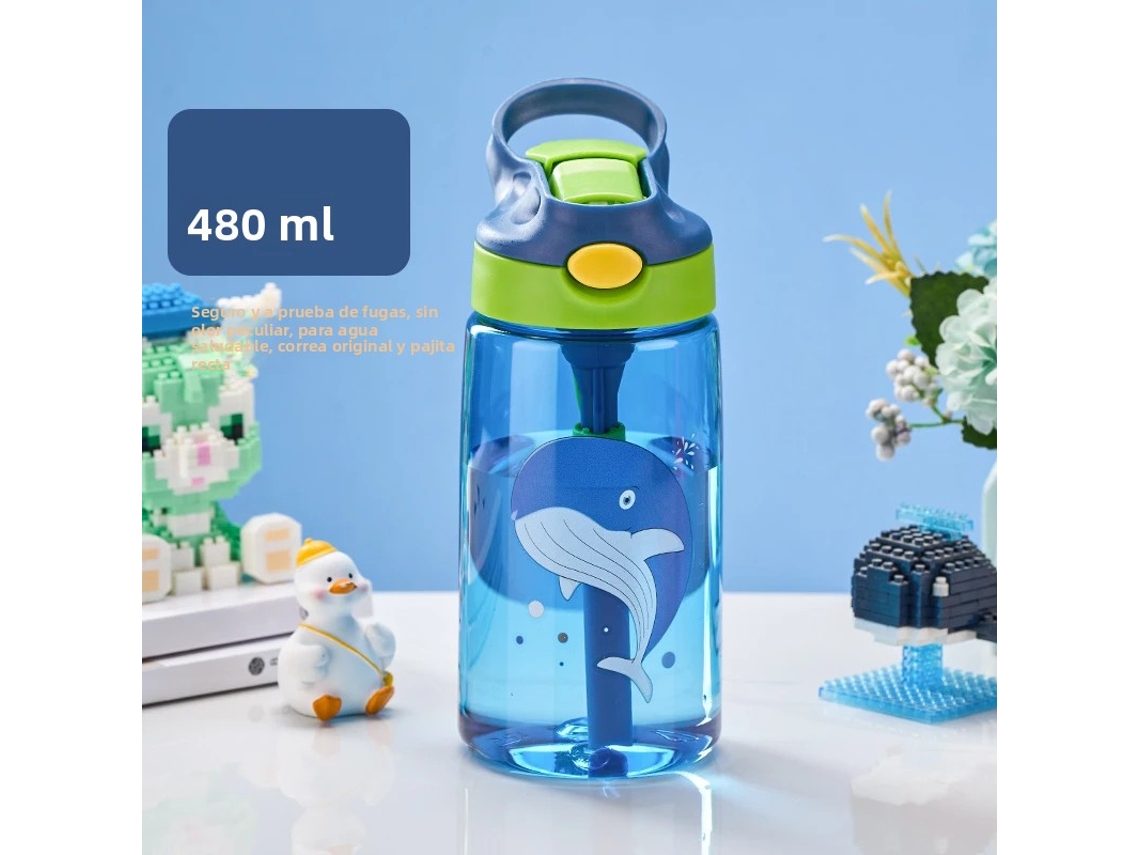 Vaso infantil con pajita anticaída, botella de agua portátil, plástico Mdug PC (ballena azul)
