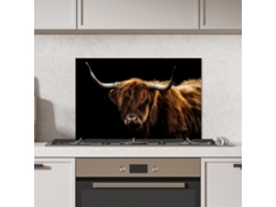 Panel de pared para cocina Scottish Highlander - Cuernos - Negro - Animales - Naturaleza - Salvaje - Vaca 70x50 cm