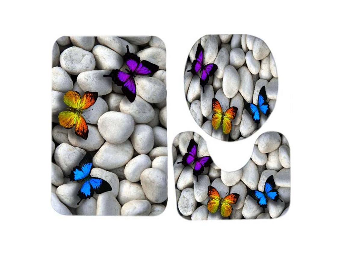 Juego de 3 alfombrillas para asiento de inodoro de 10 mm de esponja con diseño de mariposas y guijarros, cálidas y absorbentes, para el hogar.