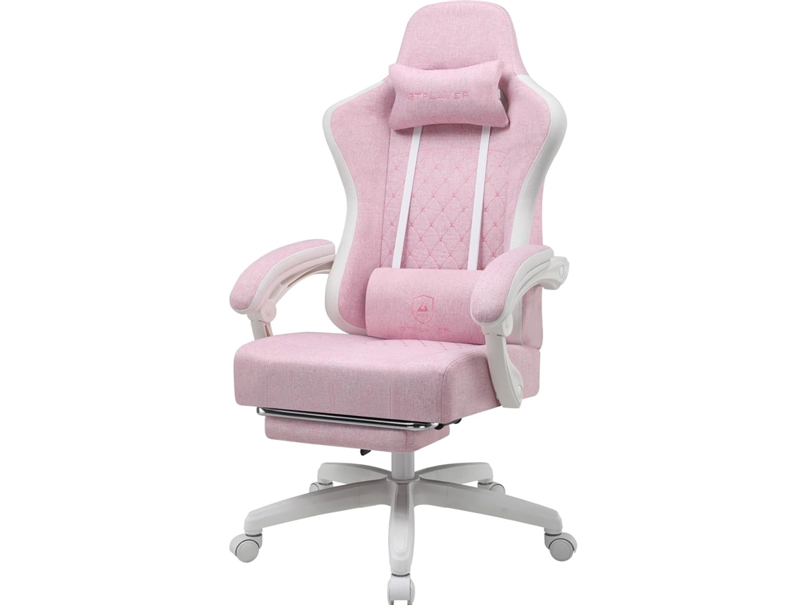 Silla Gaming Gtplayer, Silla De Oficina, Diseño Ergonómico, Asiento Con Muelles Y Reposapiés, Tela, Blanco-rosa