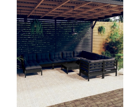 Conjunto 11 Muebles de jardín VIDAXL con cojines negro madera de pino