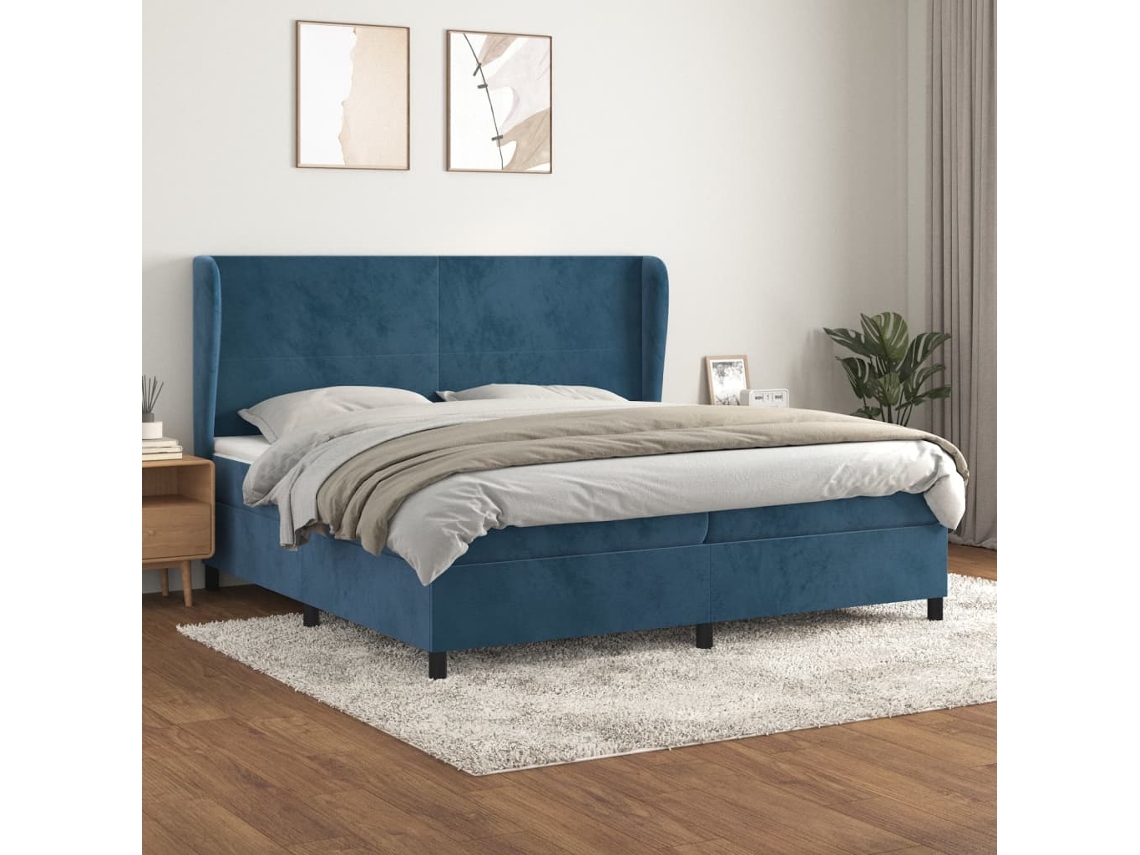 Cama Box Spring Con Colchón Terciopelo Azul Oscuro 200x200 Cm