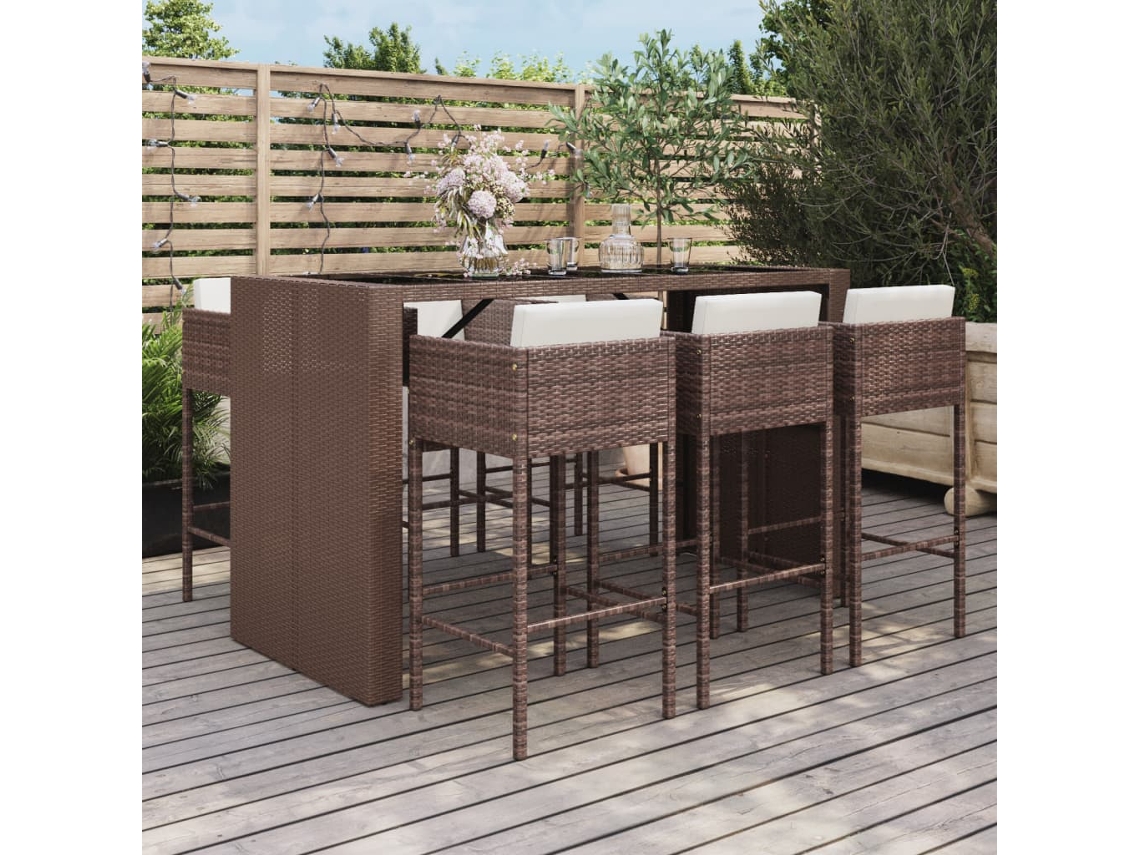 Conjunto Bar 7 Peças P/ Jardim C/ Almofadões Vime Pe Castanho Dkd Home Decor