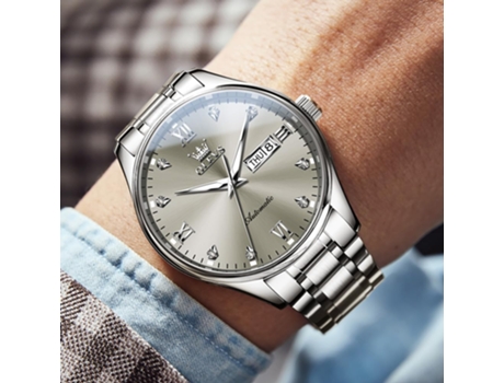 VEANXIN Reloj automático para hombre Calendario mecánico Reloj de negocios de acero inoxidable luminoso resistente al agua(Gris plateado)