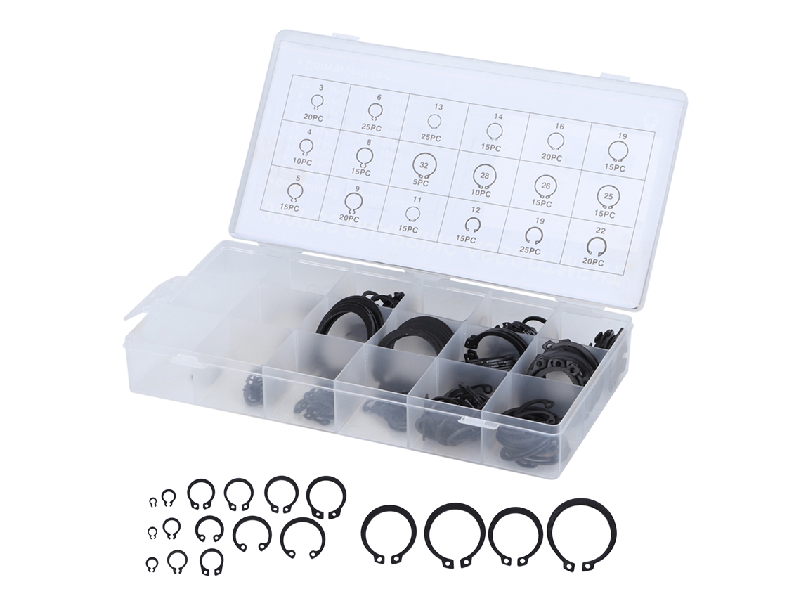 Kit de anillos de retención externos y clips, 300 piezas, tamaños de 2 a 32 mm, con estuche de almacenamiento.