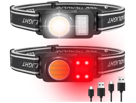 Linterna frontal, paquete de 2 linternas frontales LED recargables por USB, luz IP65 a prueba de agua, COB con batería, 4 modos de iluminación, far...