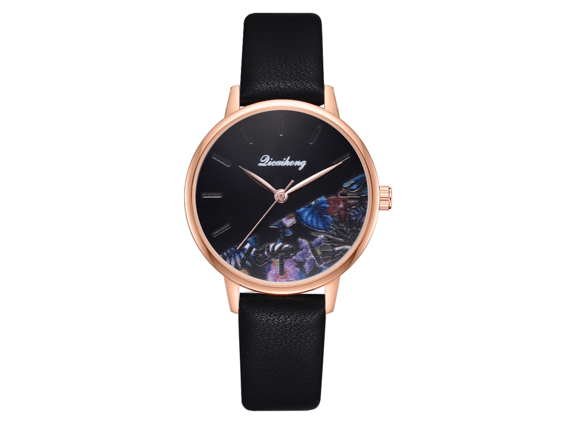Reloj De Pulsera De Cuarzo Para Mujer Con Correa Ajustable De Pu Y Delicado Estampado Floral (negro).