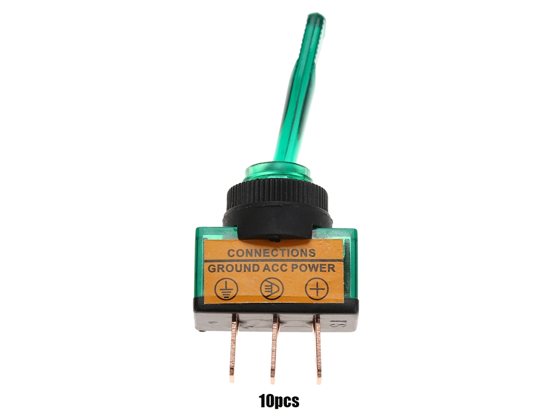 Veloriskku-10 Piezas de Interruptor de palanca LED de 12 V CC 20 A con cable largo de 3 pines 12 mm ASW-13D Verde