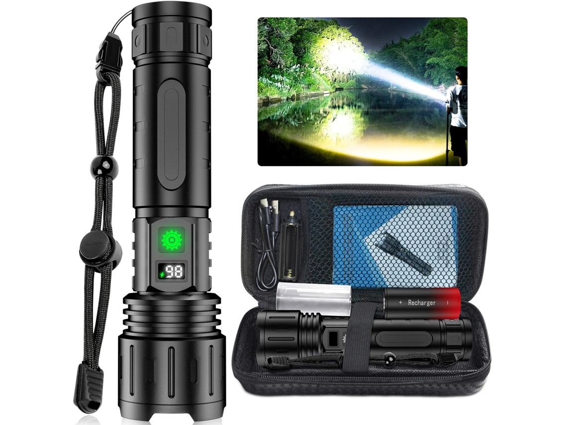 Linterna portátil con batería COB recargable, 100.000 lúmenes, alcance de 1000 m, zoom ajustable y 6 modos de luz, ideal para jugadores...
