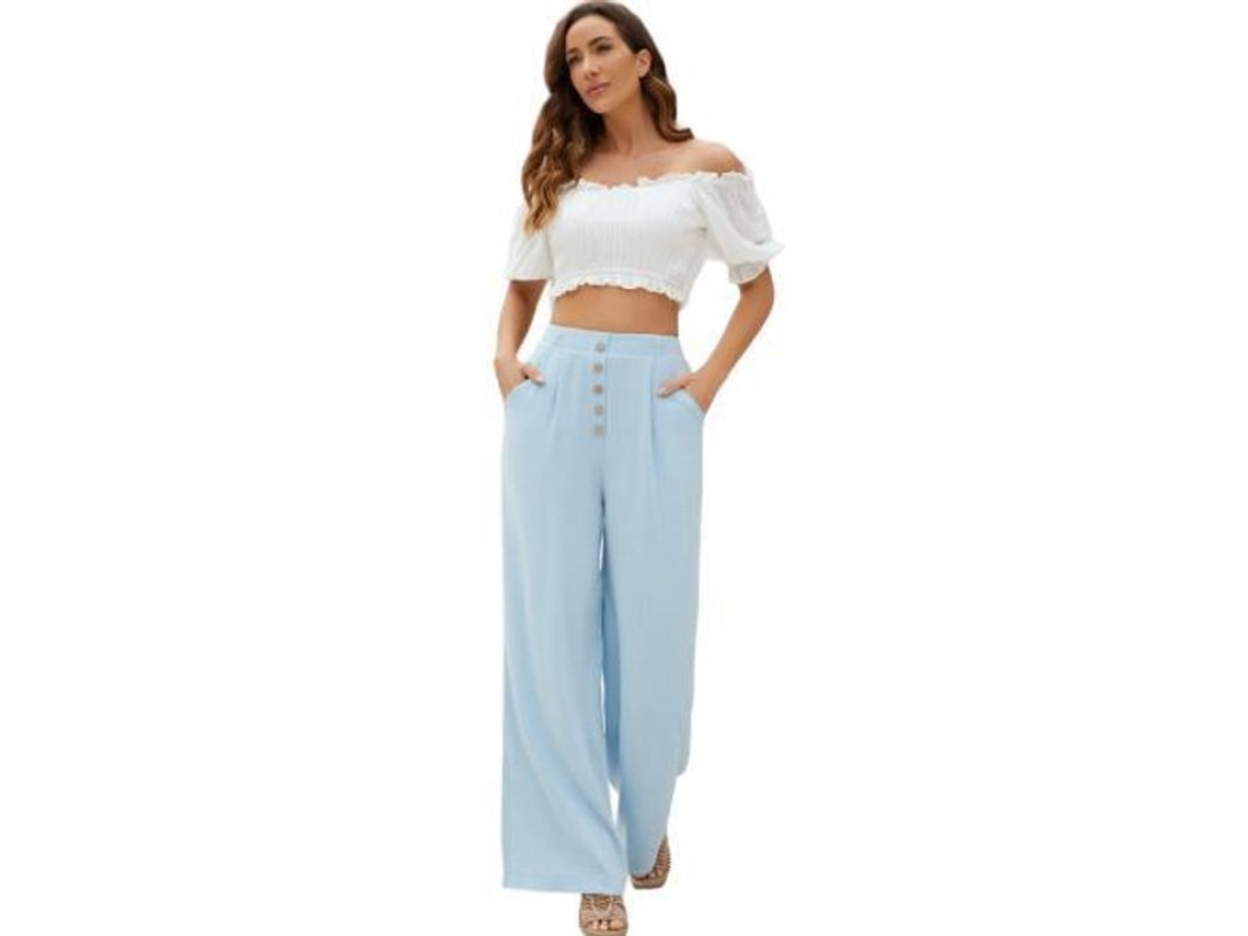 2026-pantalones Anchos De Algodón Y Lino Para Mujer De Talle Alto Con Bolsillos Verano Xl Azul