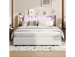 Cama Con Almacenaje 140x200 Cm, Hidráulica, Cama Matrimonial Con Cabecero Led Y Triple Estante, Almacenamiento Bajo Cama, Control App-blanco