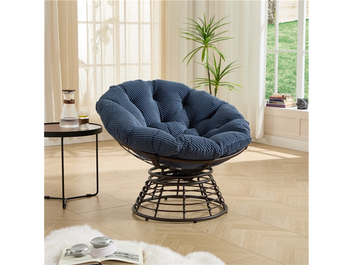 Silla Papasan De Mimbre Con Cojín Azul Marino Giratorio 360° Y Estructura Marrón.