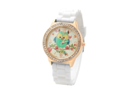 Reloj De Pulsera Para Mujer Con Esfera Redonda, Estampado De Búho, Diamantes De Imitación Y Correa De Silicona Blanca.