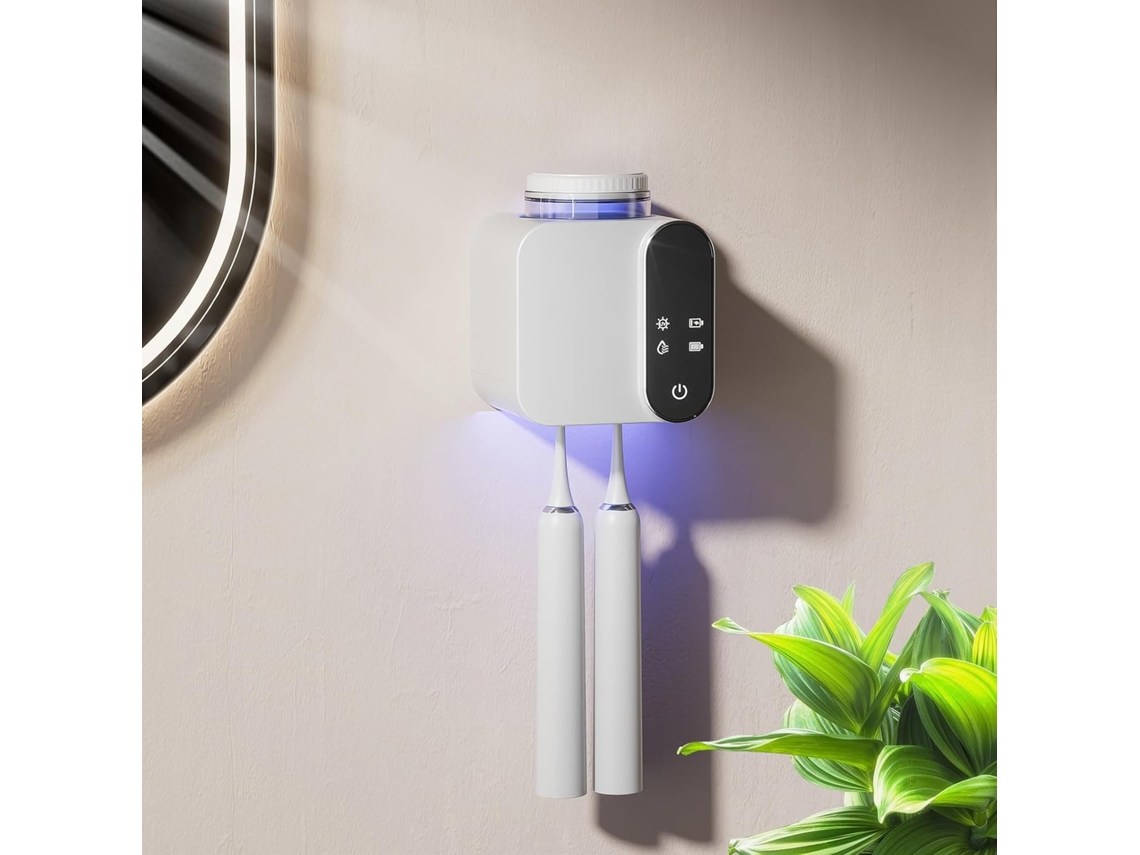 Soporte de pared para cepillos de dientes eléctricos con 1 vaso y 2 compartimentos, secador solar blanco Aeuzwr