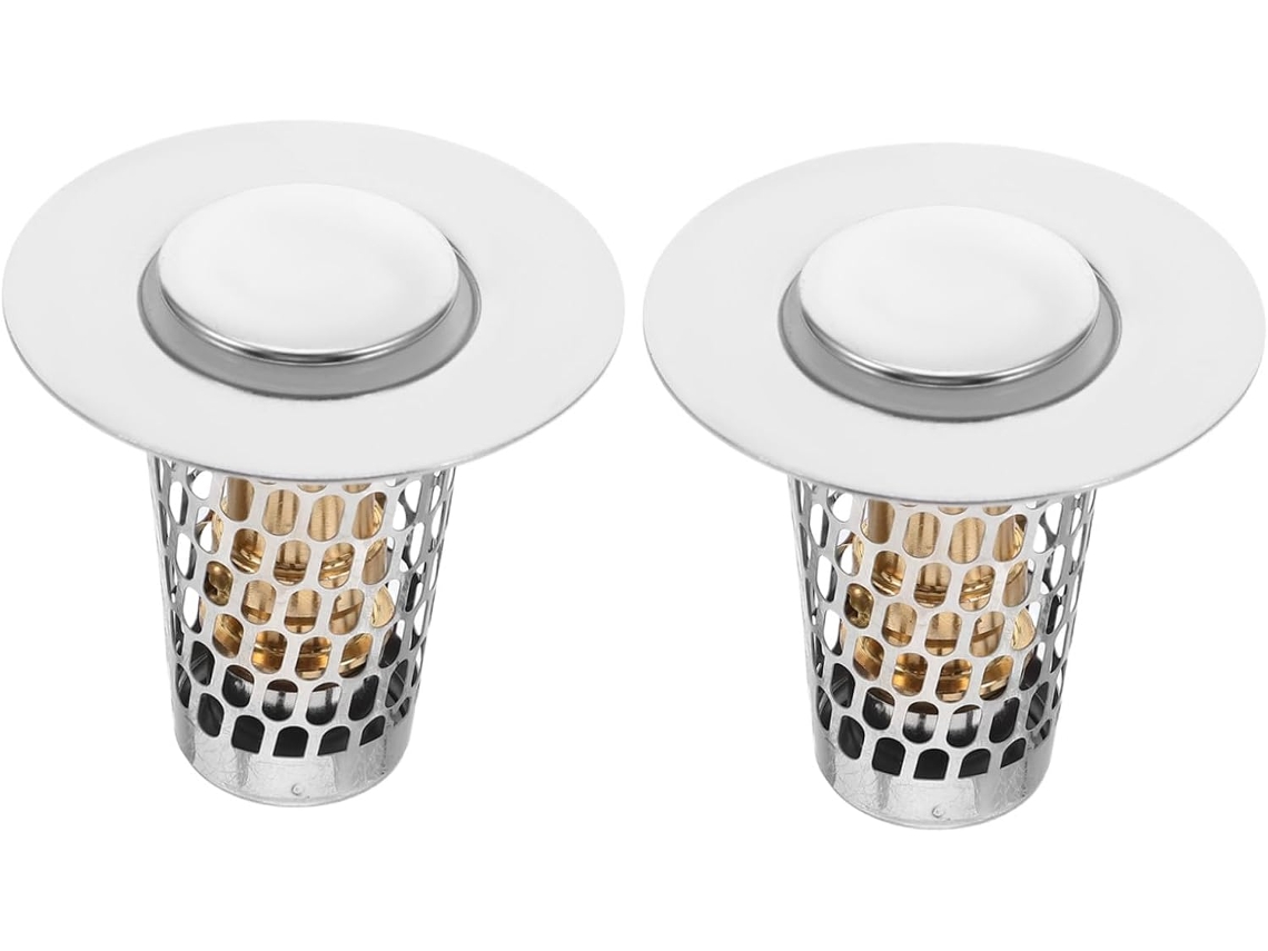 Juego de desagüe de fregadero de acero inoxidable de 2 piezas con filtro emergente, diseño anti-pelos, botón pulsador, para limpieza de cocina y baño. Vayotoy