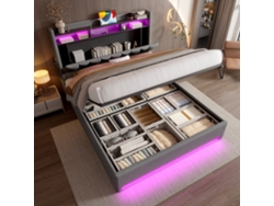 Cama 140x200 Cm Con Almacenamiento, Led, Usb-c, Cabecero Con Espacio, Hidráulica, Gris, Sin Colchón.