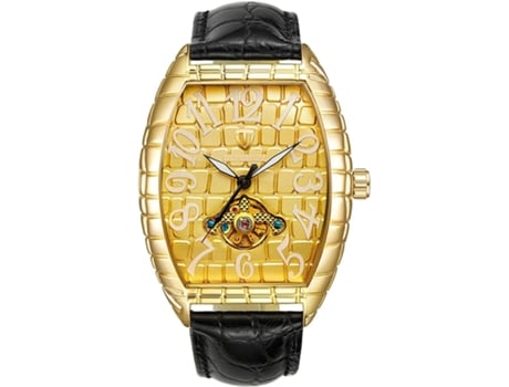 VEANXIN Reloj Mecánico Relojes Automáticos Rectángulos de Cuero Negro-Color Dorado Blanco