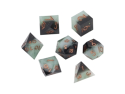Conjunto Mali de 7 dados de resina com bordas e números precisos para jogos de Tabuleiro.
