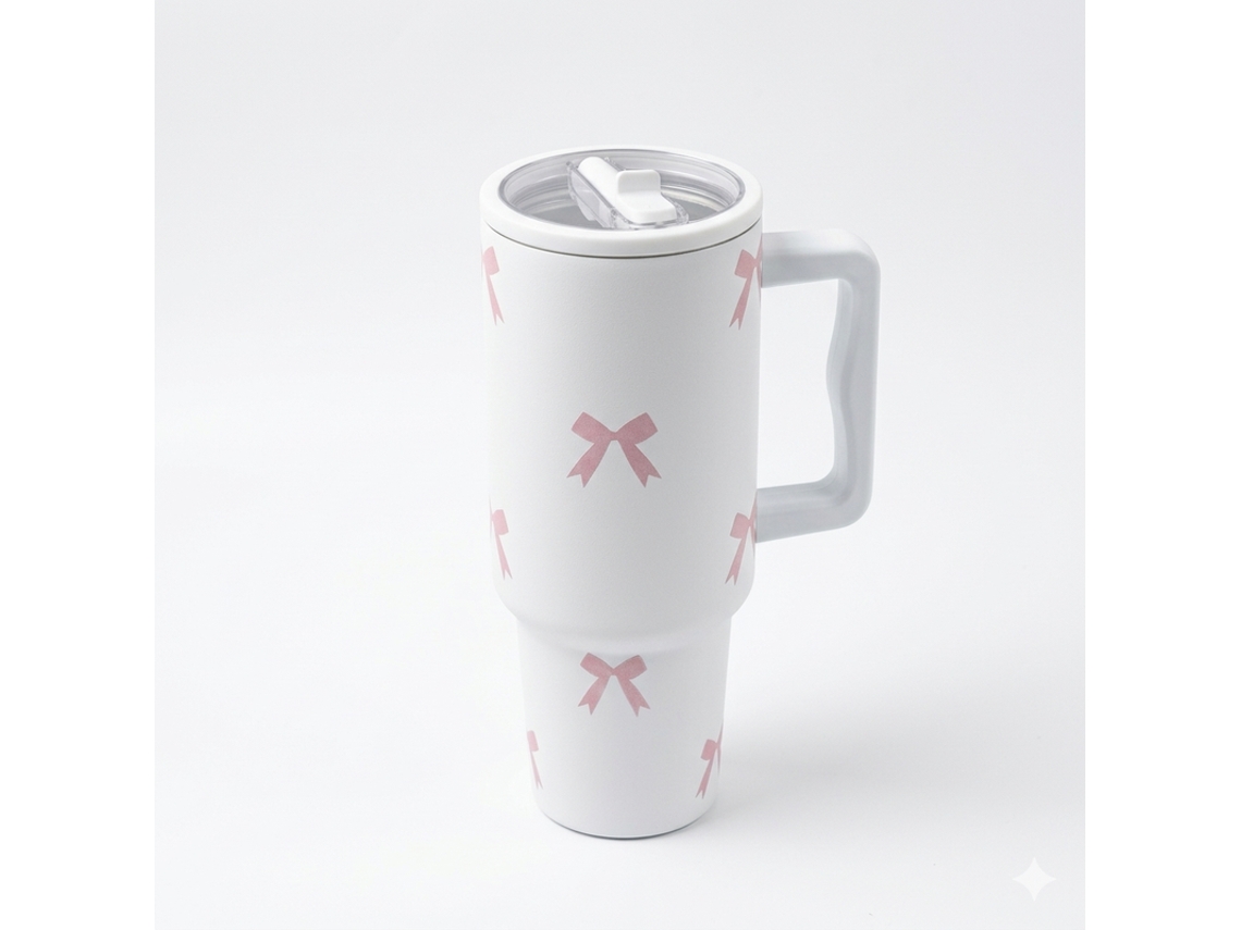 Taza térmica con cintas Bk 668-22 Blanca + Rosa claro
