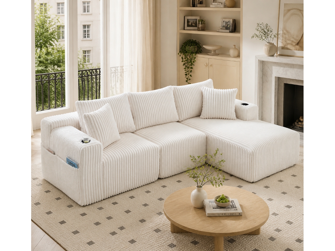 Conjunto de sofá modular con chaise longue de pana y 5 cojines para sala de estar.