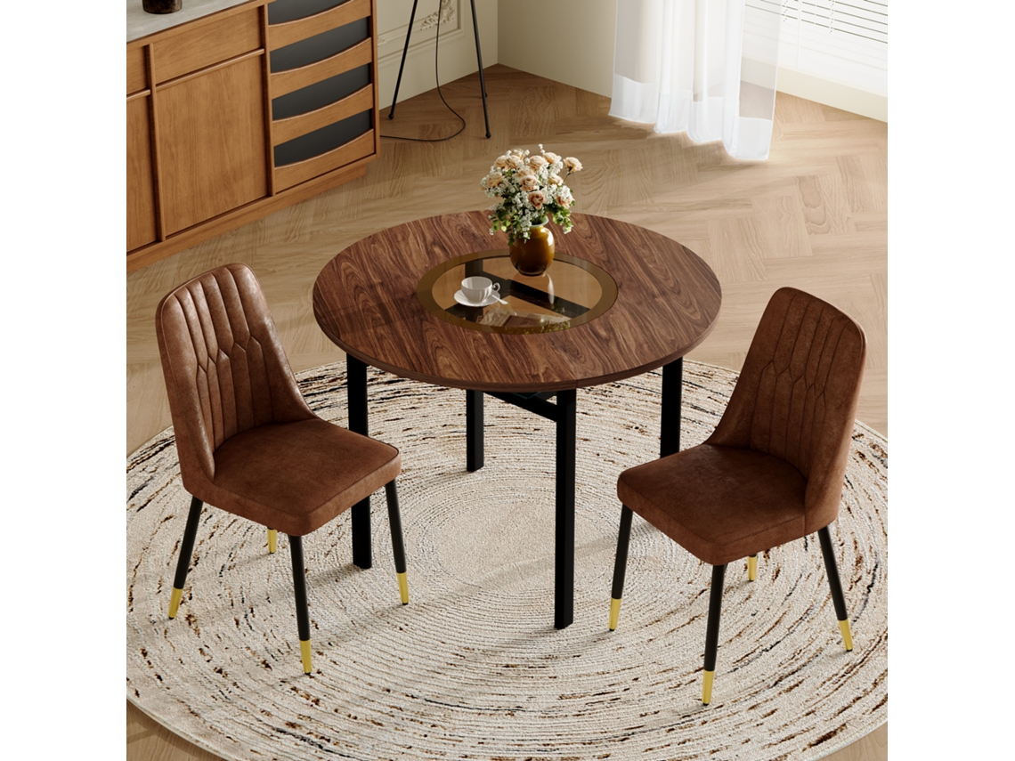 Conjunto De Mesa Redonda (100 Cm) De Madera, Con 2 Sillas De Tela Marrón Y Metal Negro.