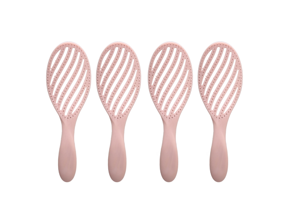 Cepillo profesional curvo de 4 piezas con cerdas suaves para desenredar y de secado rápido, color rosa.