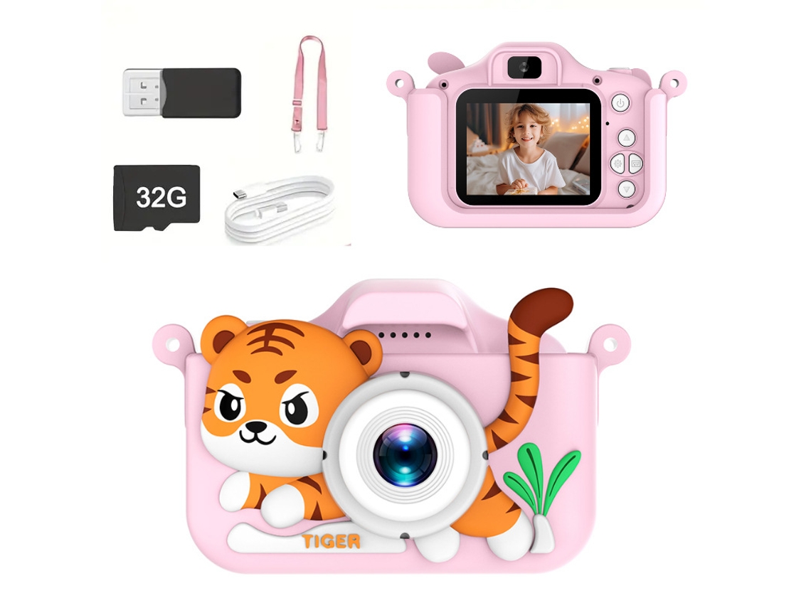 Cámara digital para niños Mini Tiger 1080p HD con doble cámara, pantalla IPS de 2,0 pulgadas, 32 g, color rosa