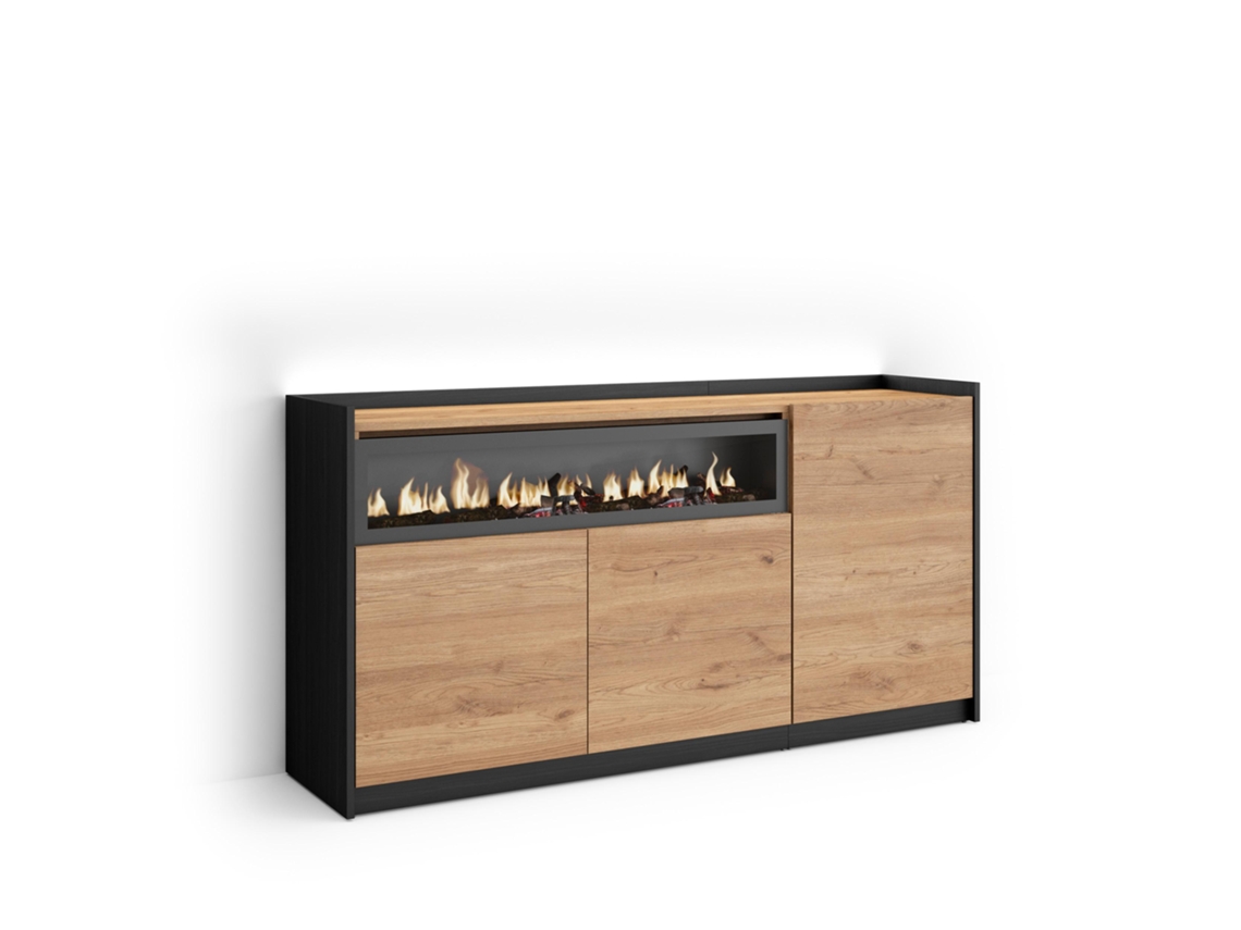 Aparador Para Salón, 156x37x80cm, 3 Puertas, Chimenea Eléctrica, Led, Roble Y Negro
