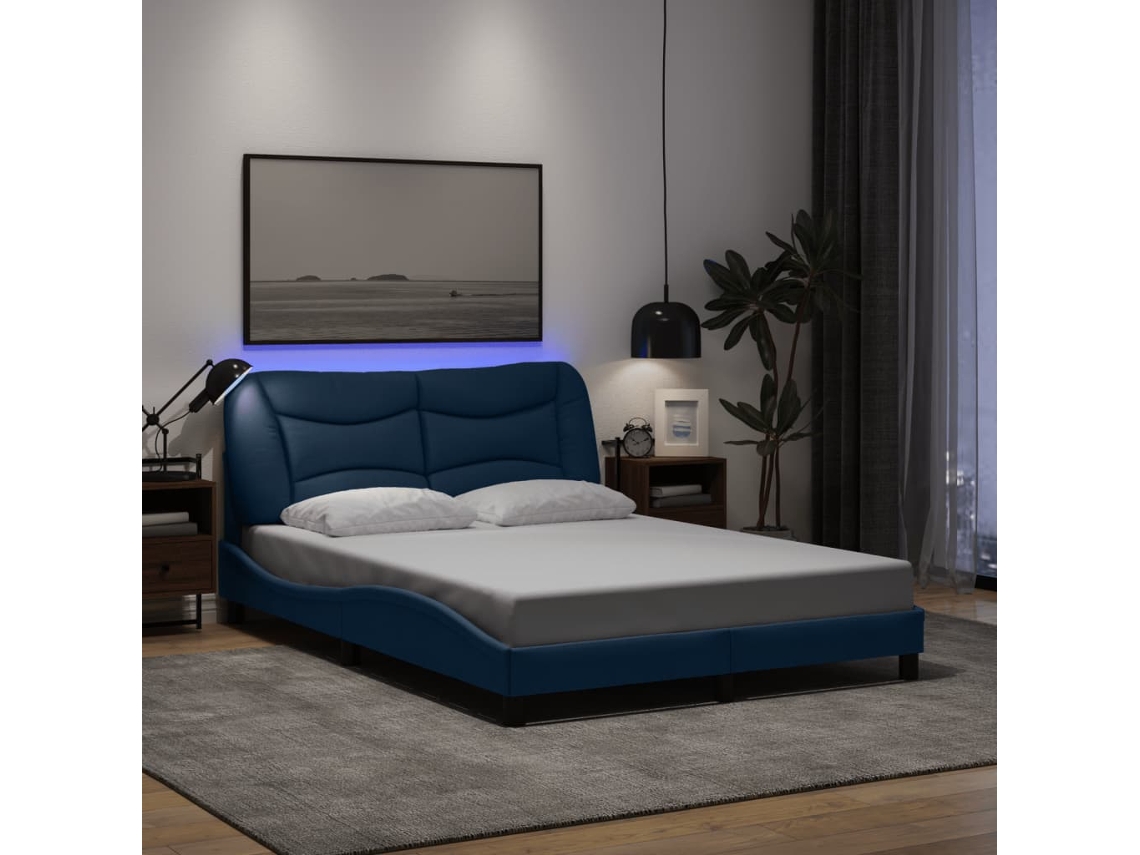 Estructura De Cama Con Led Sin Colchón Tela Azul 140x200 Cm