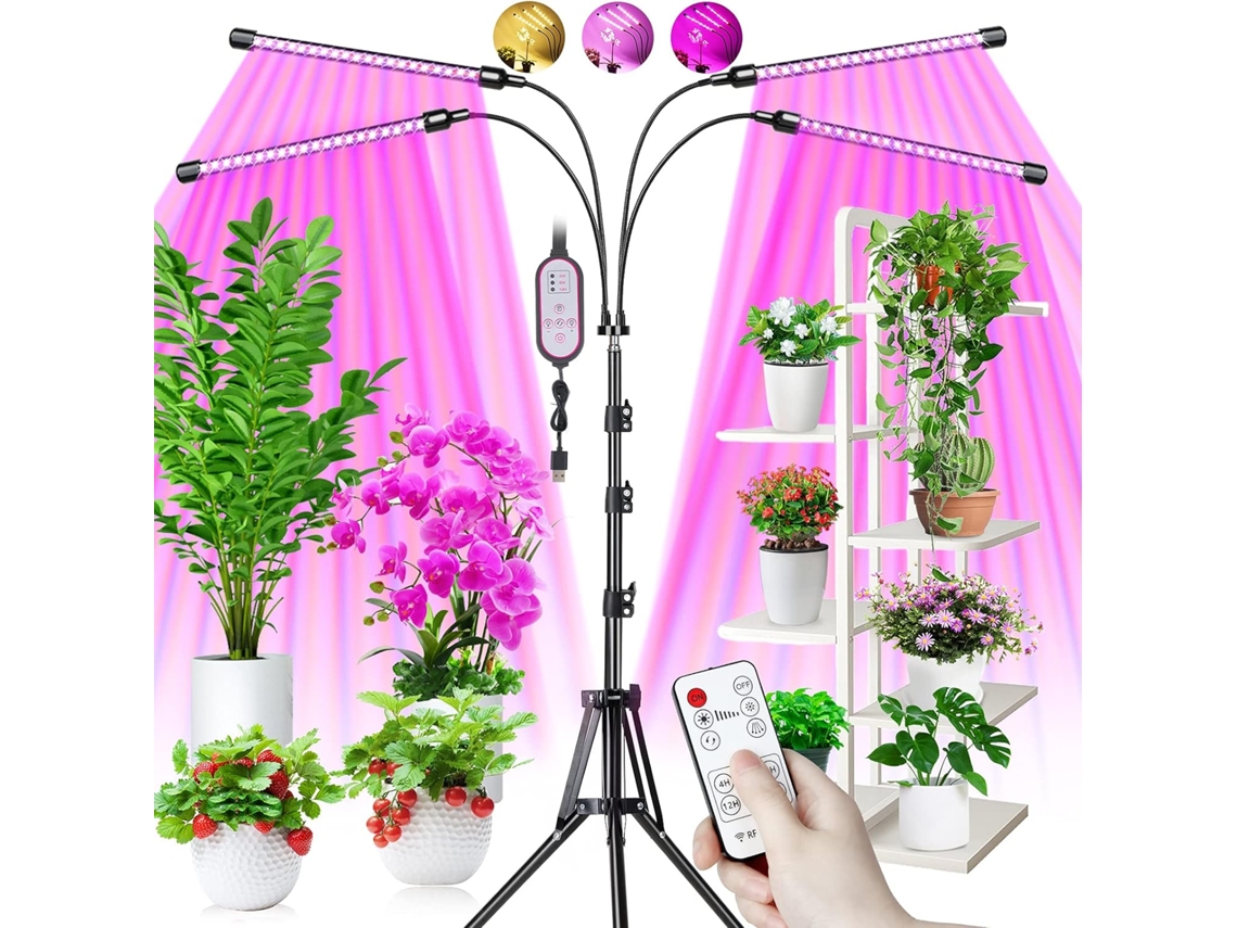 Lámpara de cultivo con trípode, 80 LED, espectro completo, 4 cabezales, 10 niveles de brillo, 3 modos de temporizador