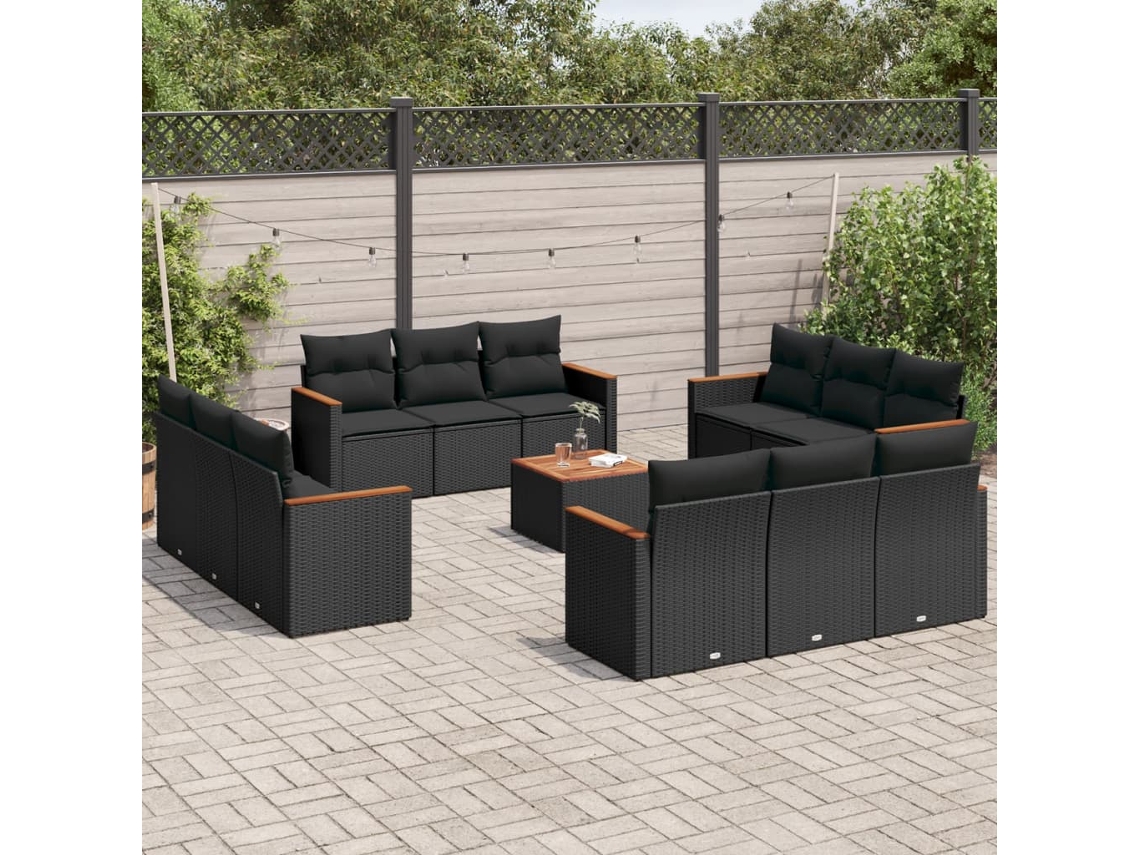 Conjunto de sofá de jardín de 13 piezas con cojines de mimbre sintético negro, Dkd Home Decor