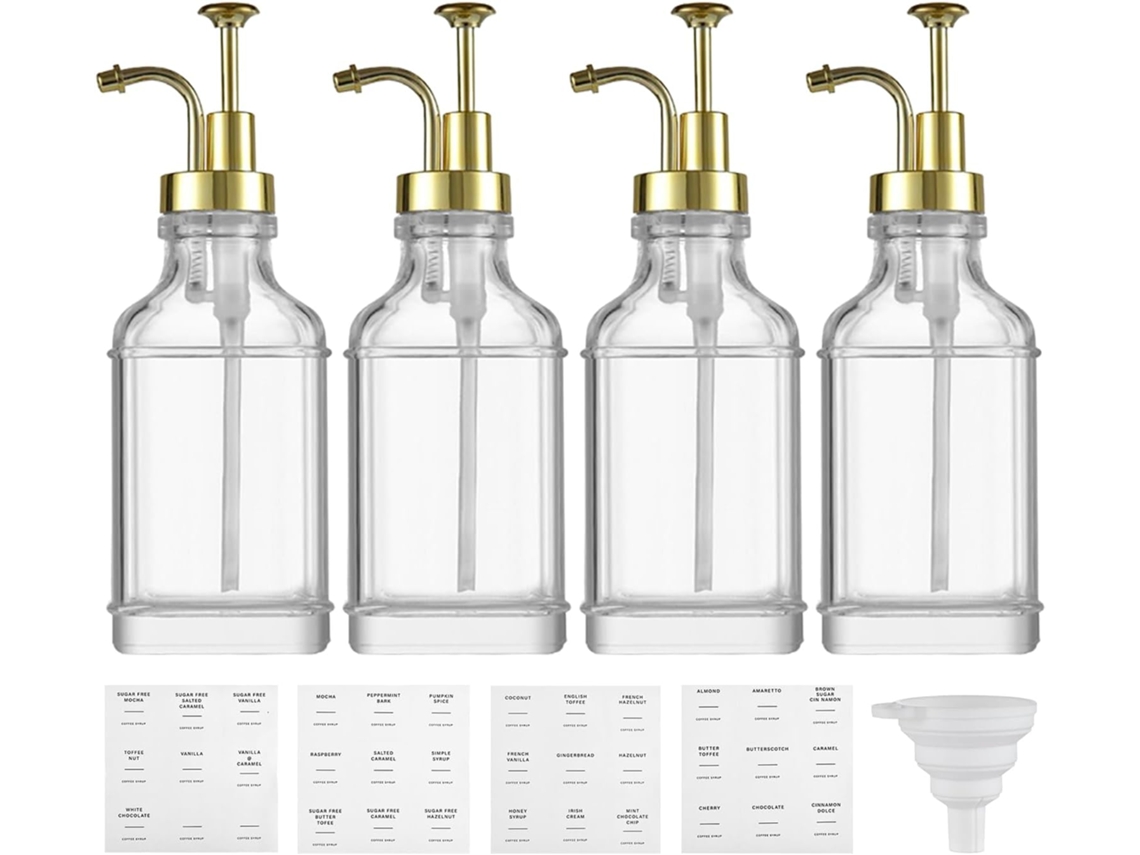 Juego de 4 dispensadores de 500 ml, dispensador de cocina, botella transparente con etiquetas para salsa, kétchup y jabón líquido Slowmoose