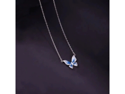 Collar De Mariposa Azul Degradada Con Esmalte Calado (oro Blanco) En Plata S925, Chapado Con Elementos De Conchas Marinas Para Un Regalo De Lujo.