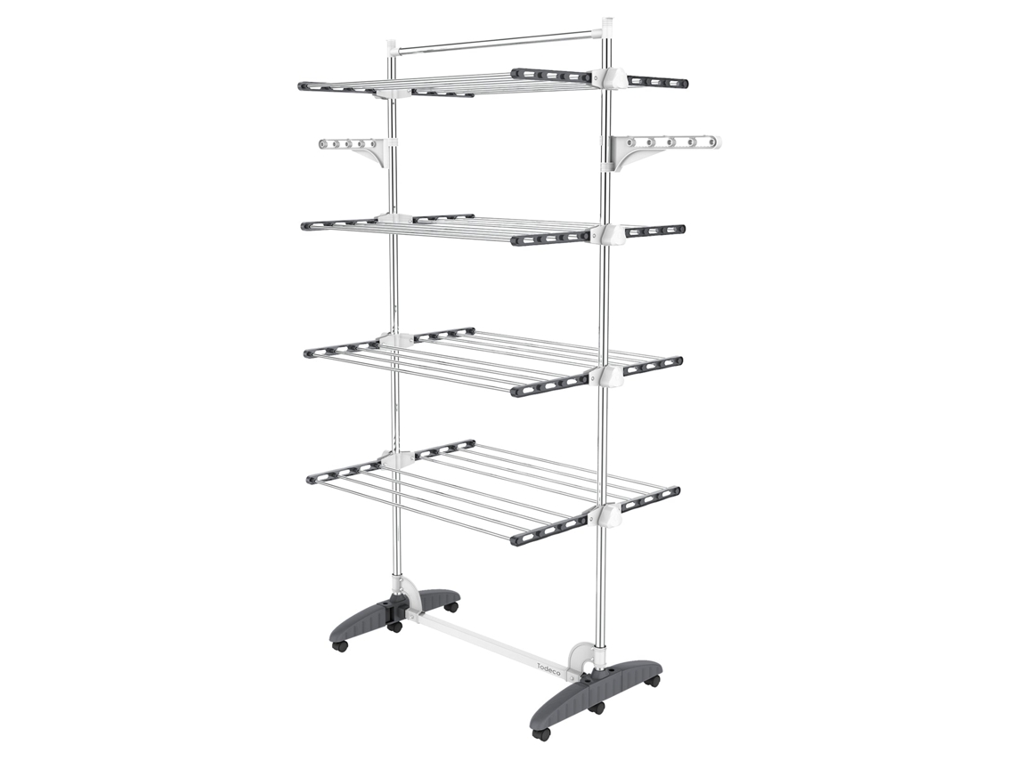 Todeco - Tendedero plegable grande de 4 niveles, con 6 ruedas, barra superior, 2 alas, de acero inoxidable, color gris
