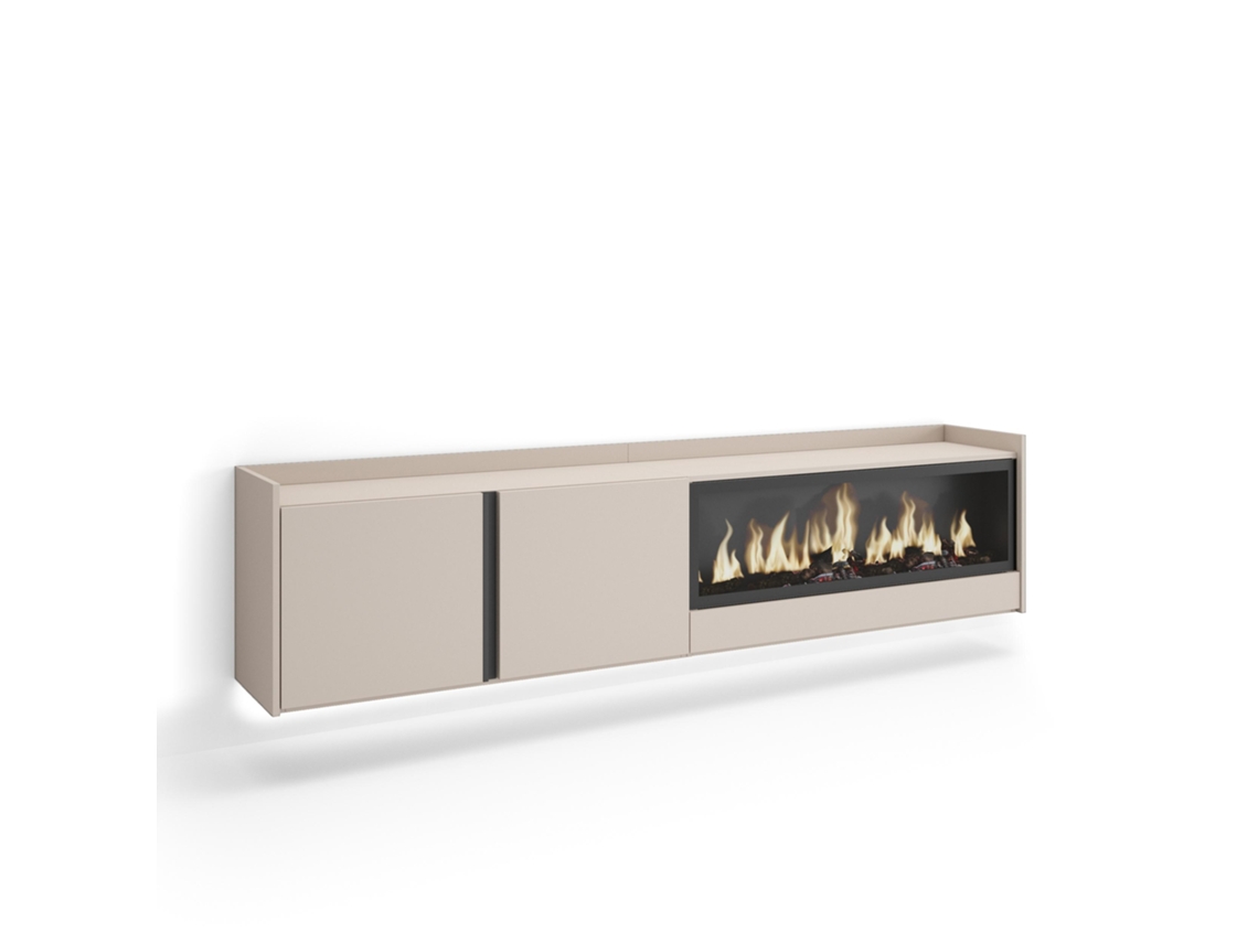 Mueble para TV, 212x35x50cm, para televisores de hasta 80'', chimenea eléctrica XXL, de pared, LED, color beige.