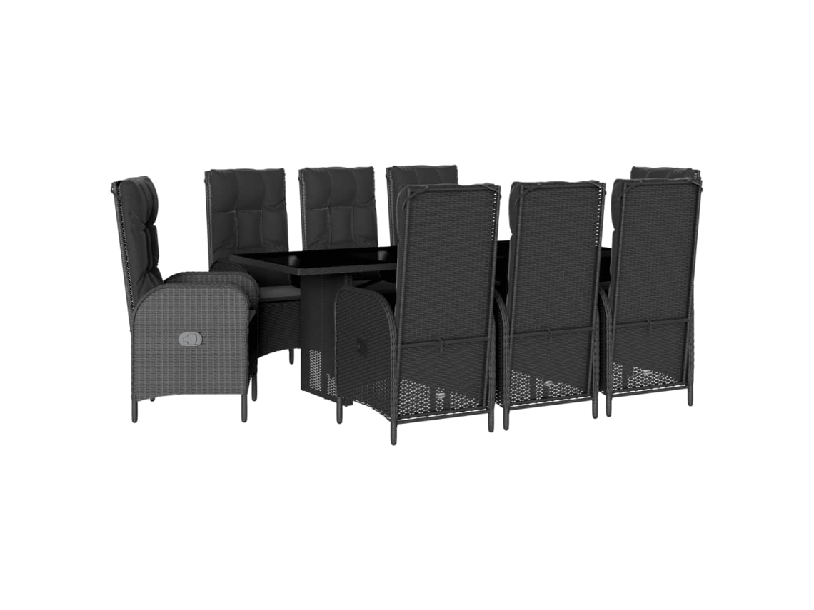 Juego de 9 piezas de comedor de jardín con cojines de mimbre, color negro, EXCLUSIVA DE LA CASA