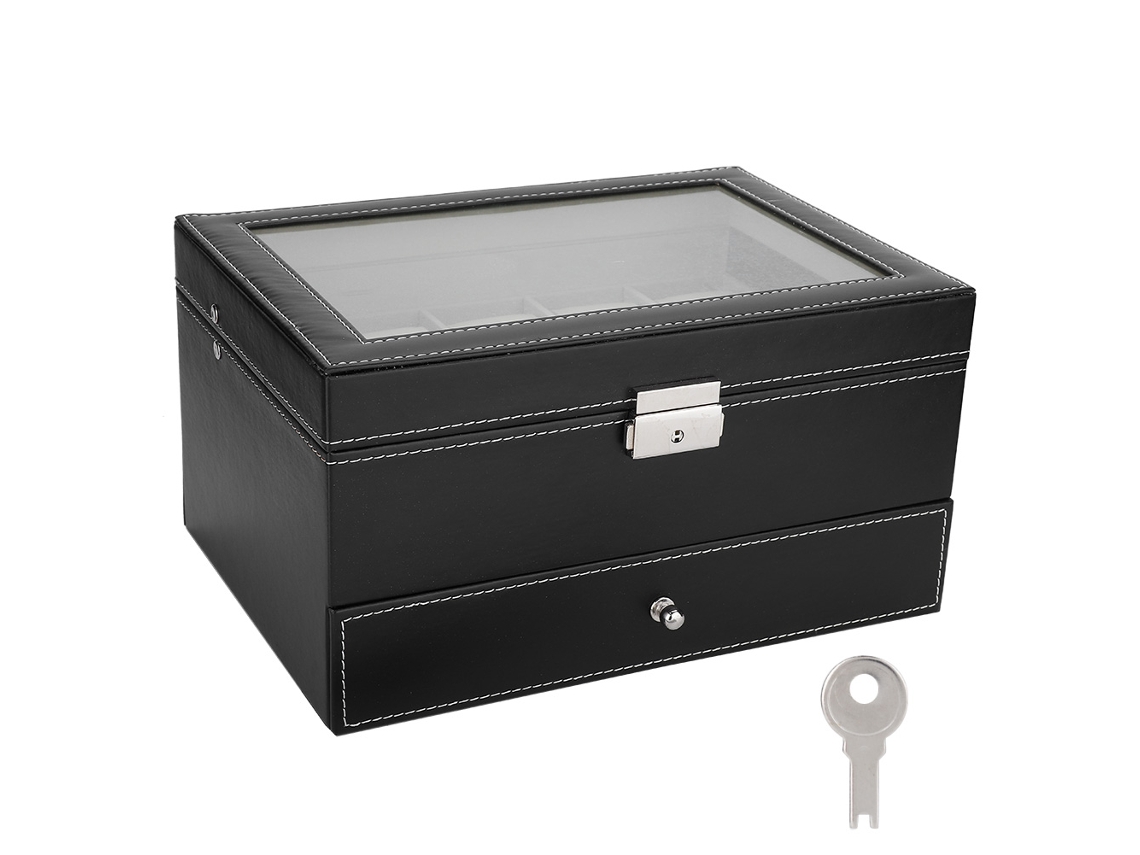 Caja de almacenamiento de joyas de 2 niveles para relojes y 10 compartimentos