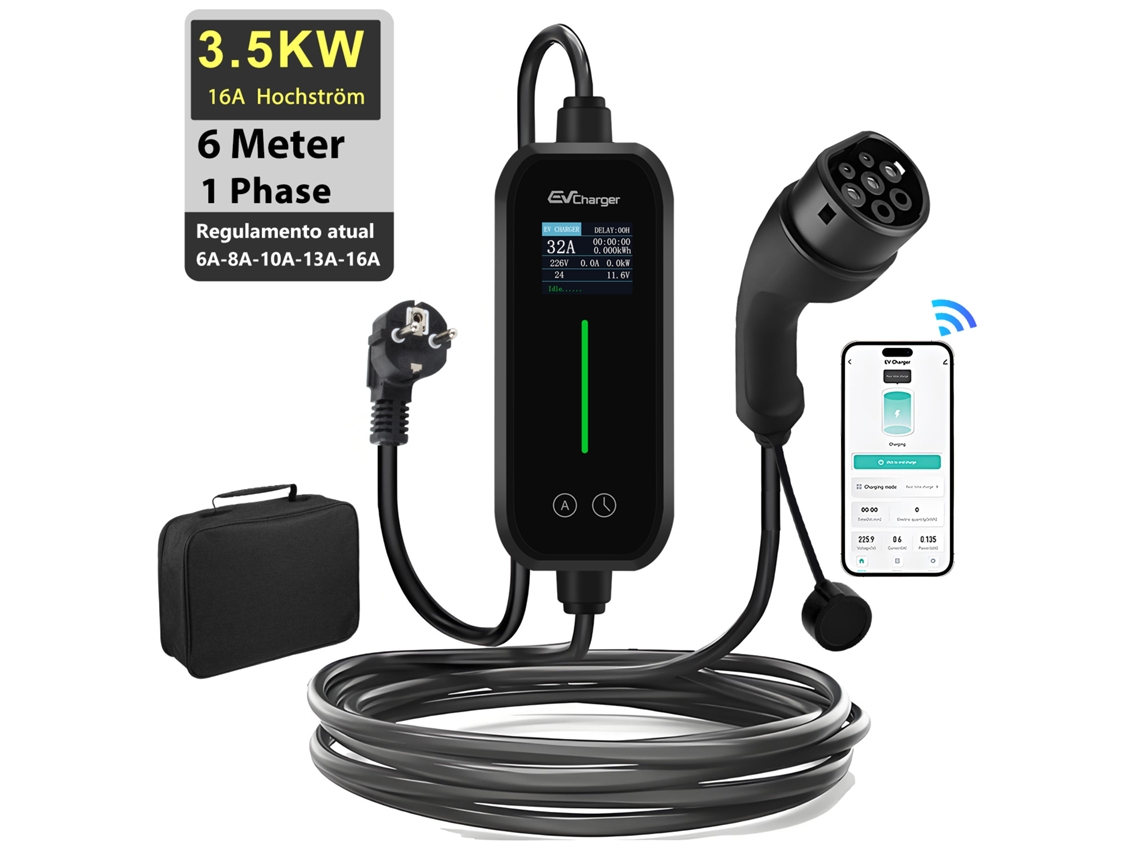 Carregador Portátil Junsun 3.68kw Monofásico, Ficha Schuko (6a-16a Ajustável), Tipo 2, Com App