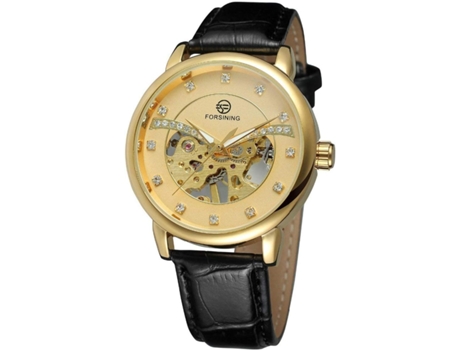VEANXIN Relojes de pulsera impermeables con correa de cuero y esfera mecánica esquelética-Oro negro