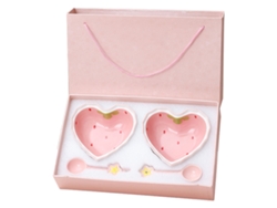 Bonito Bol De Cerámica Rosa Con Forma De Corazón Y Diseño De Fresa, Incluye Cuchara (2 Boles, 2 Cucharas)