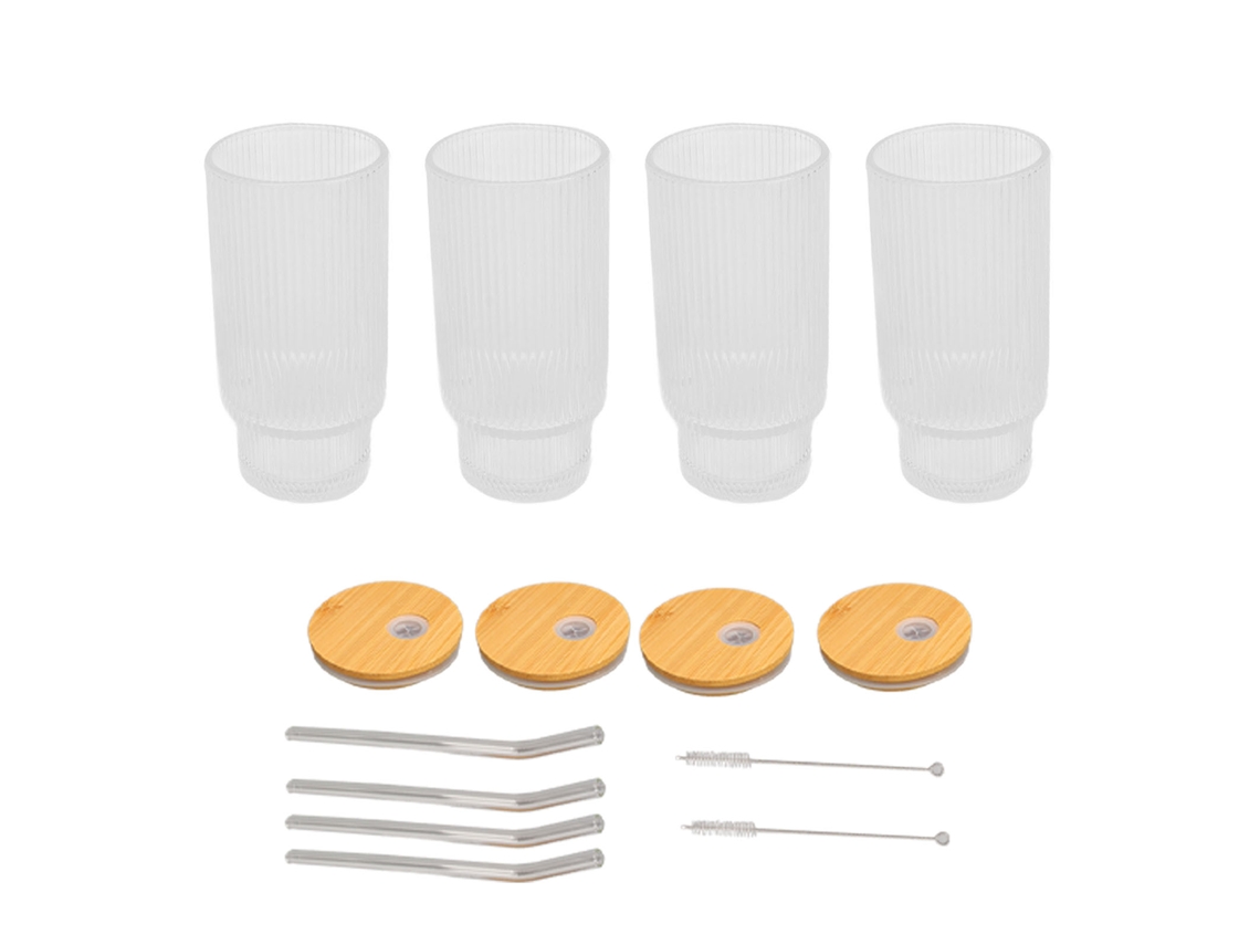 Juego De 4 Vasos Altos Apilables De Estilo Vintage Con Pajita Y Tapa Para Café, Zumo O Cerveza, 473 Ml (16 Oz).