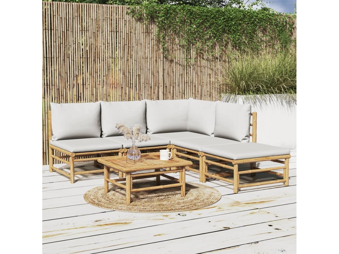 Conjunto de jardín de bambú de 6 piezas con cojines gris claro DKD Home Decor