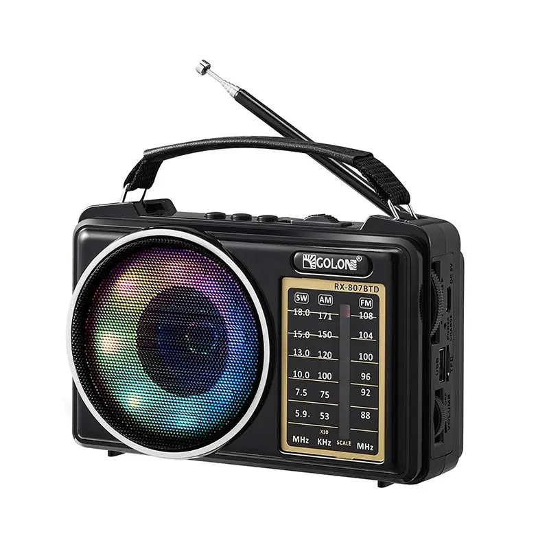 (negro) Radio Portátil Fm/am/sw Con Luz Ambiental De Color, Altavoz Bluetooth Y Conexión Inalámbrica Tws, Admite Reproducción De Música.